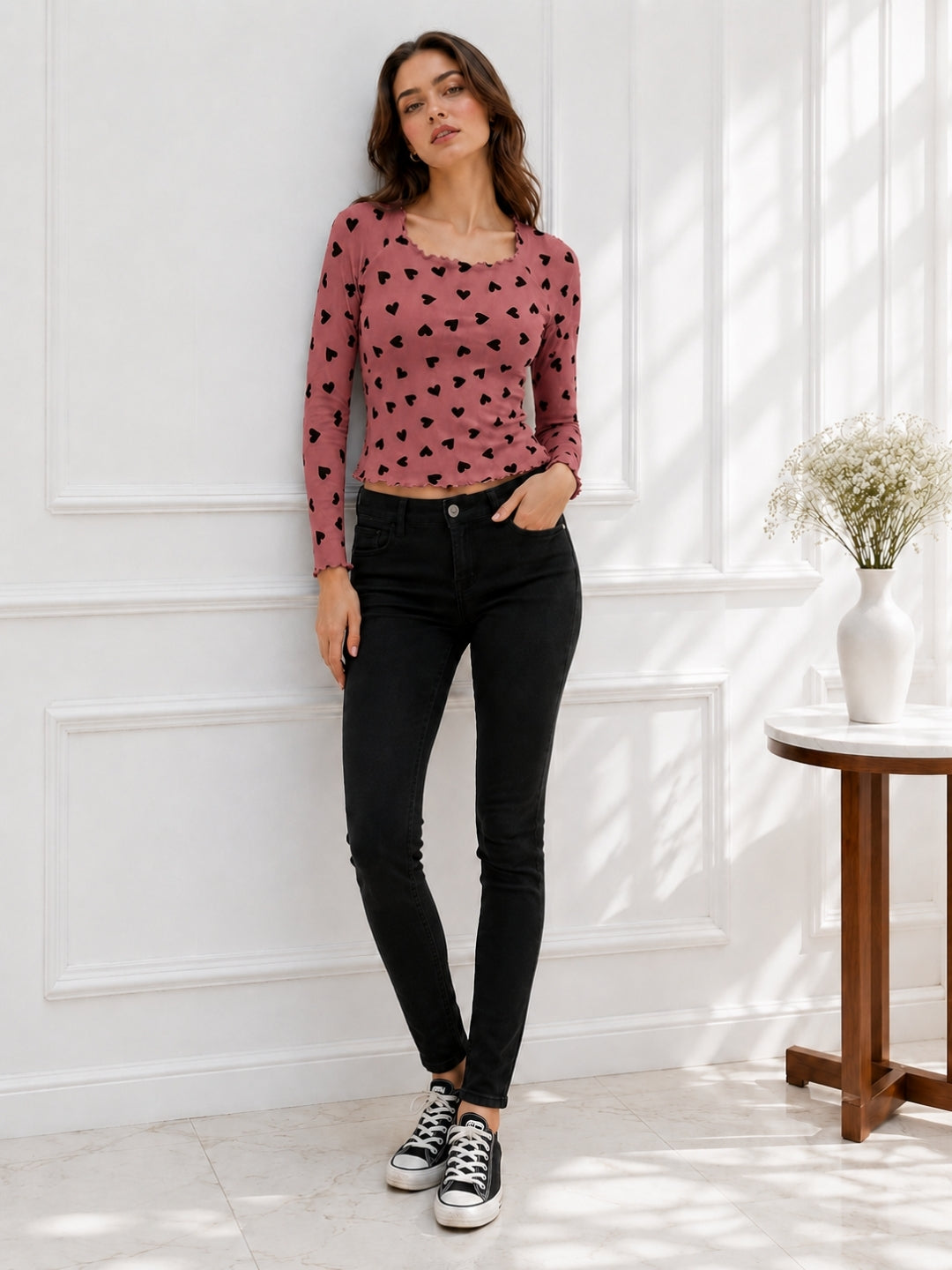 Women Heart Print Round Neck Top