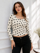 Women Heart Print Round Neck Top