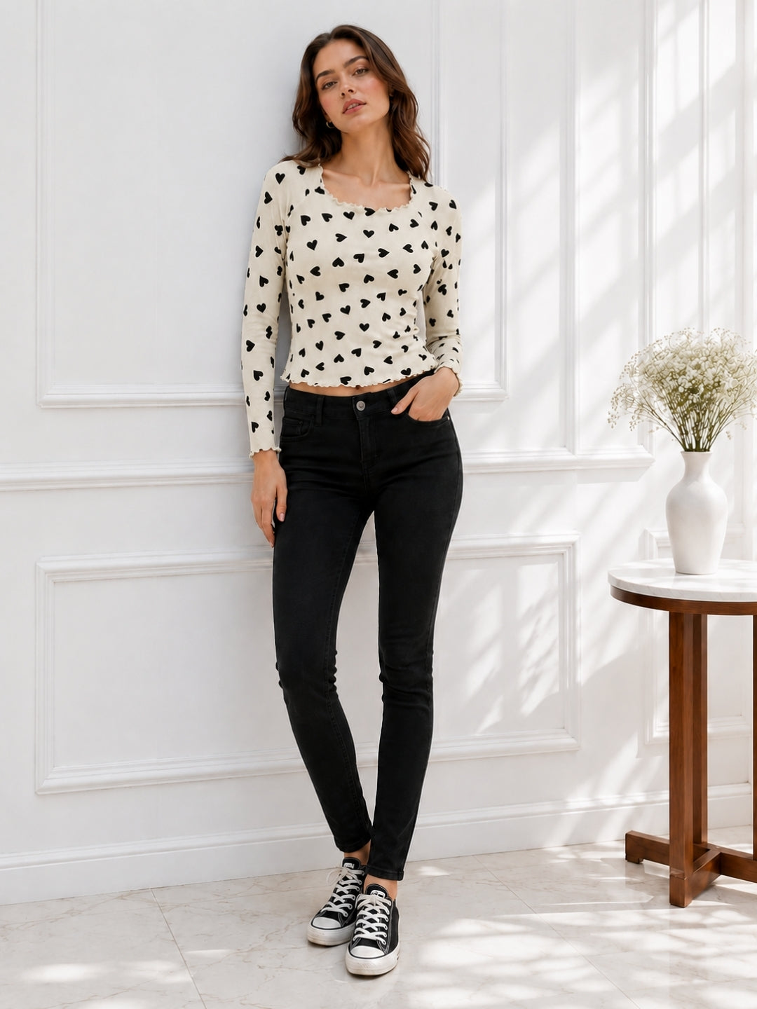 Women Heart Print Round Neck Top