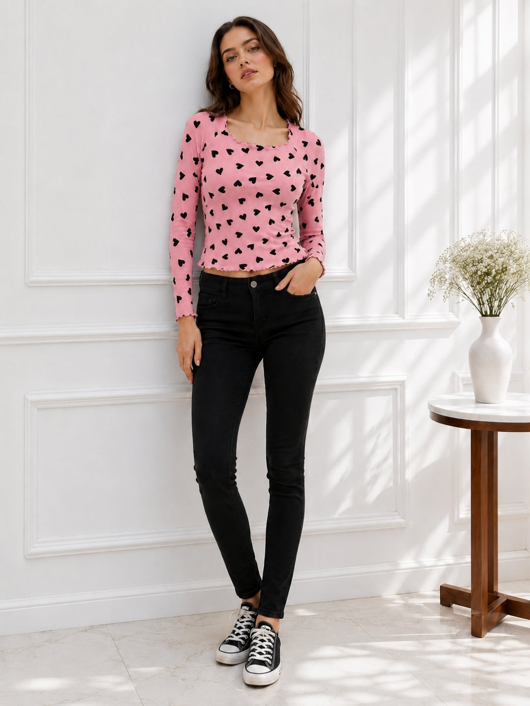 Women Heart Print Round Neck Top