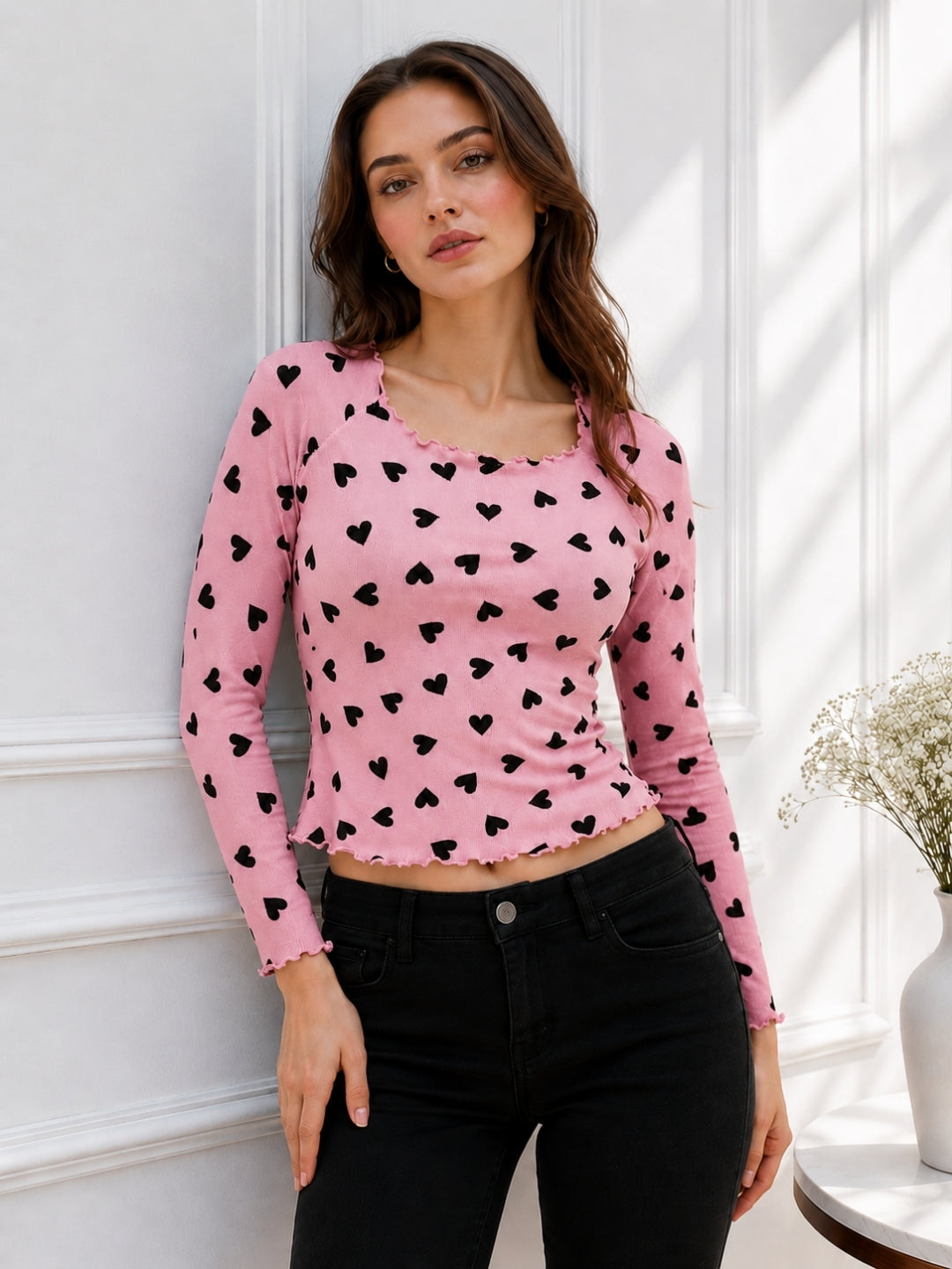 Women Heart Print Round Neck Top
