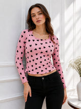Women Heart Print Round Neck Top
