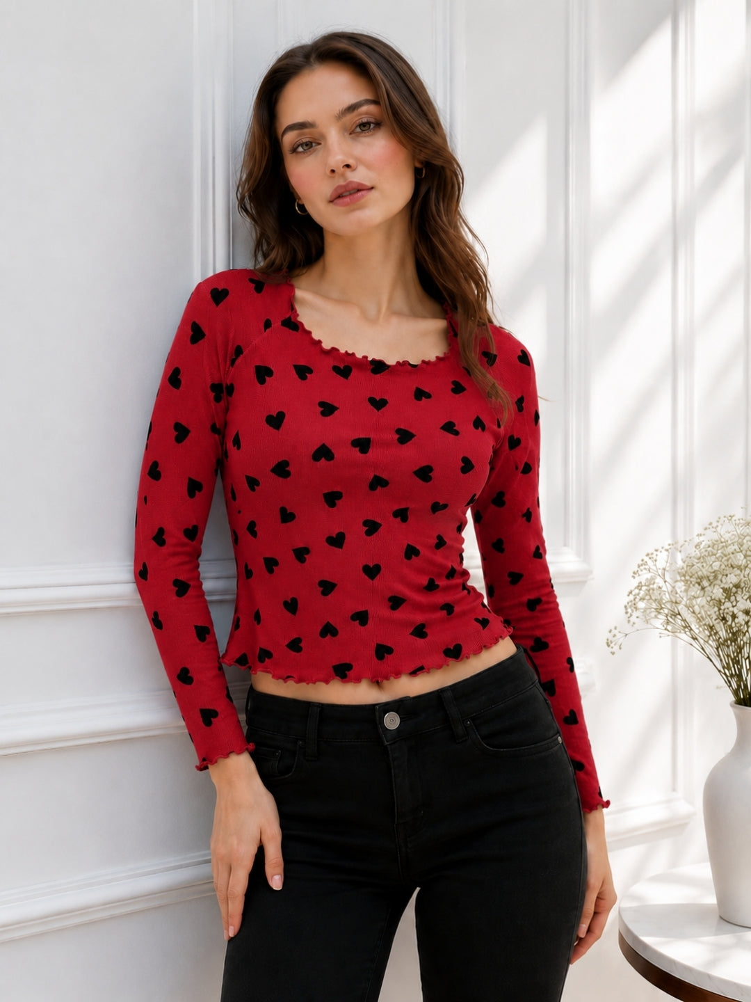 Women Heart Print Round Neck Top