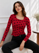 Women Heart Print Round Neck Top