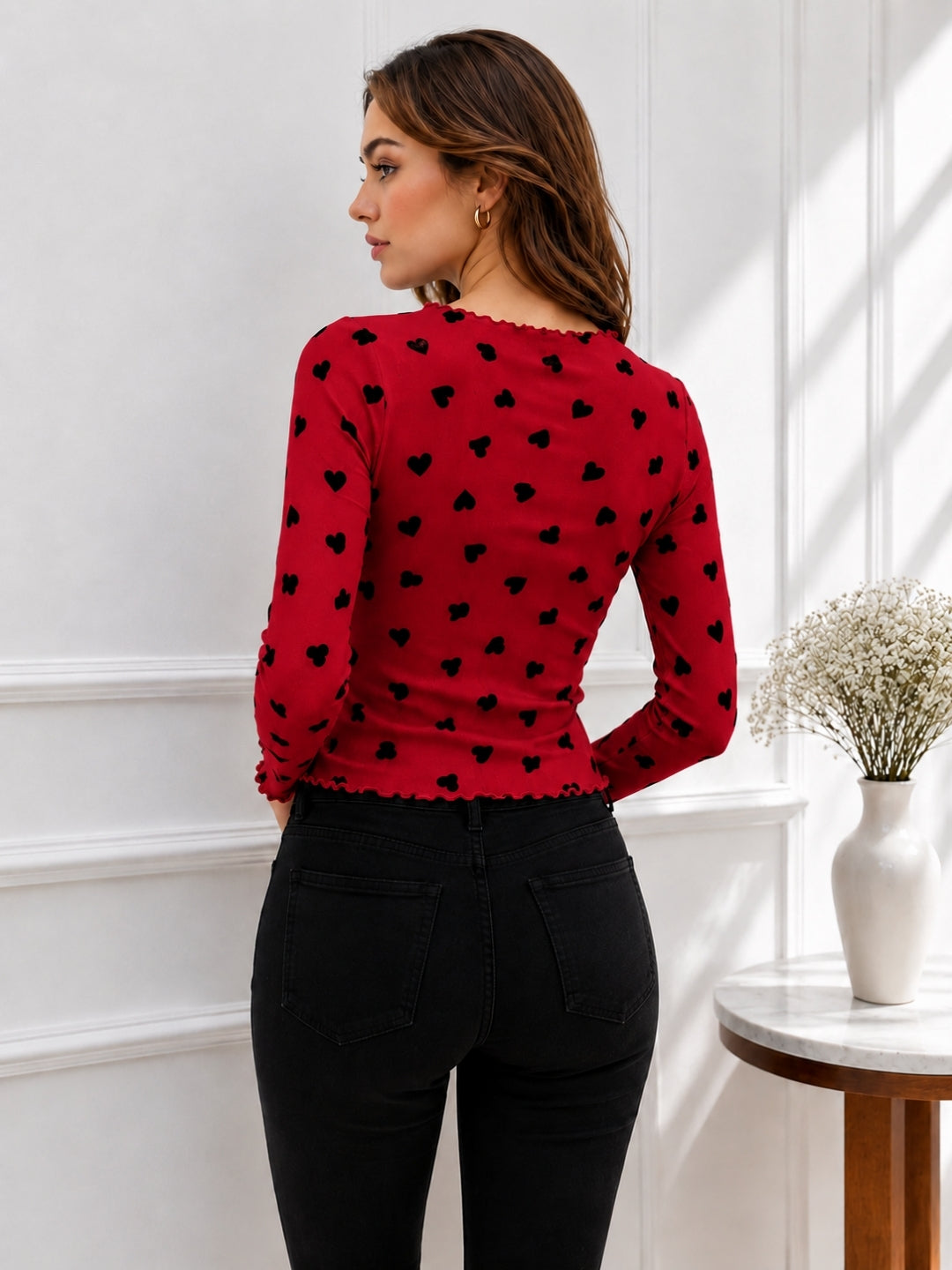 Women Heart Print Round Neck Top
