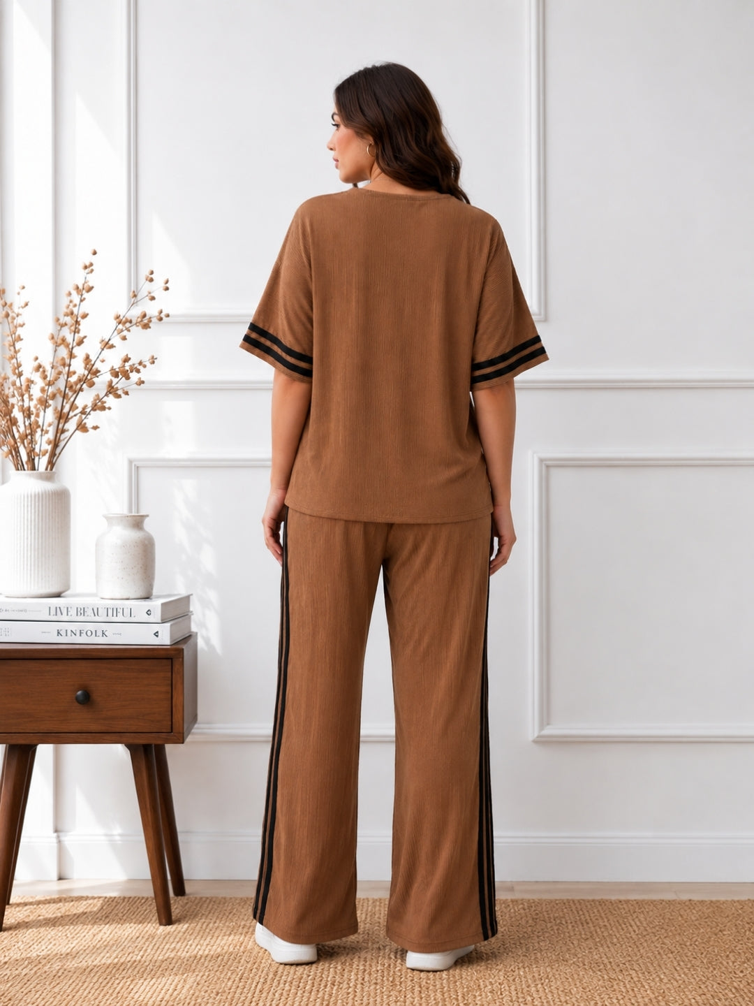 Women's Plus Size Cotton Blend Brown Co-ord Set