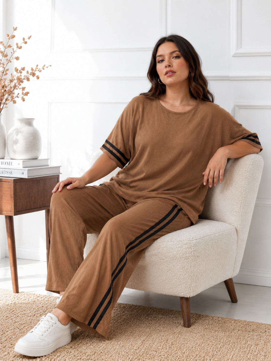 Women's Plus Size Cotton Blend Brown Co-ord Set
