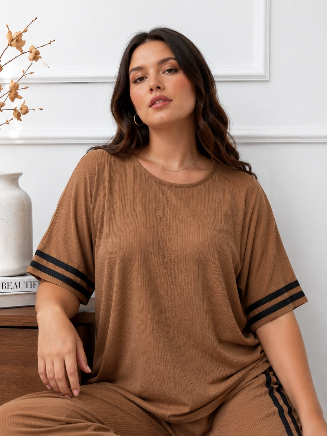 Women's Plus Size Cotton Blend Brown Co-ord Set