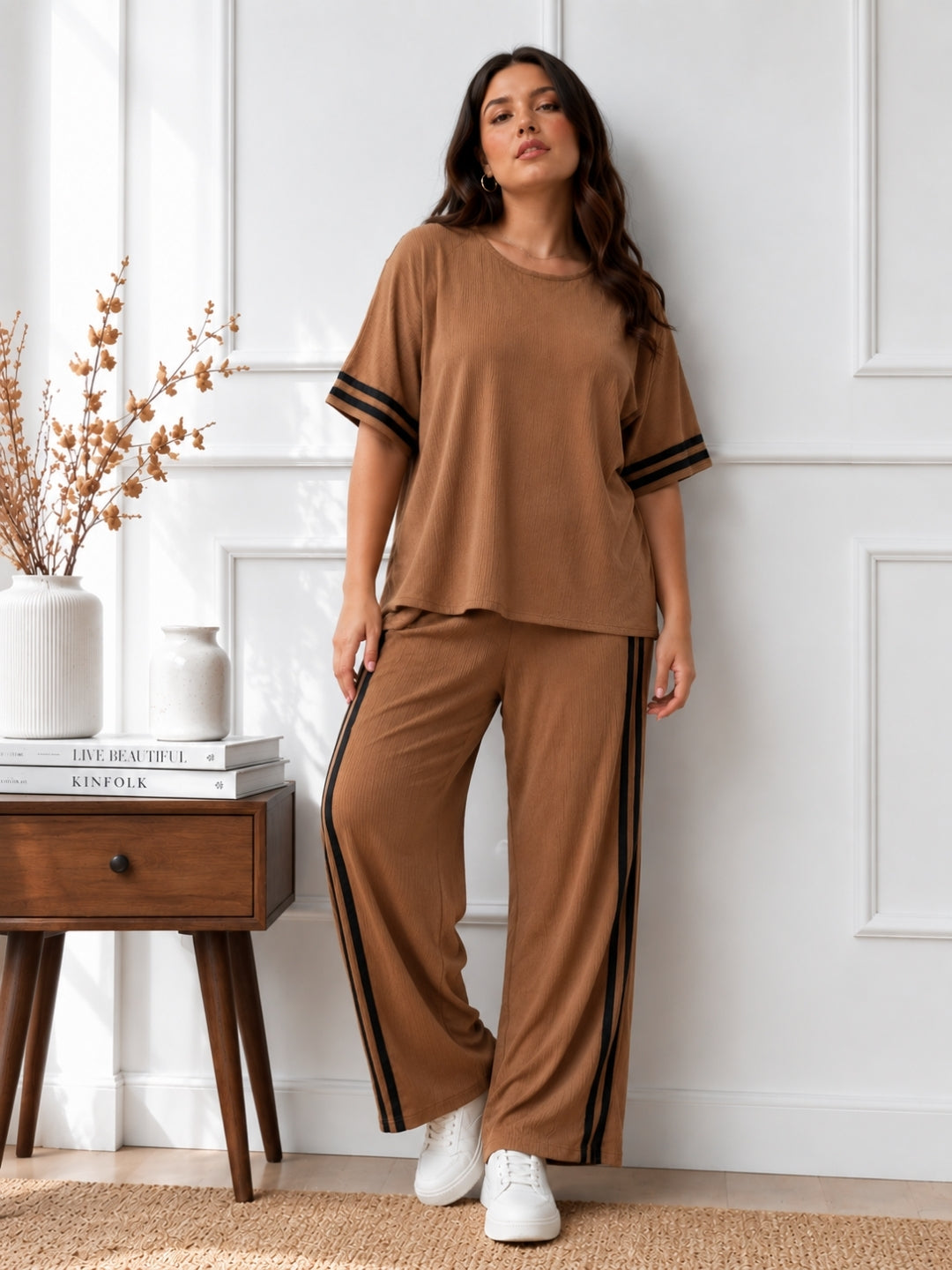 Women's Plus Size Cotton Blend Brown Co-ord Set