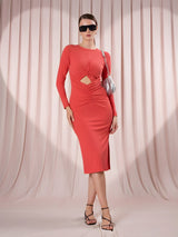 Solid Front Cut Full Sleeve Midi Dress