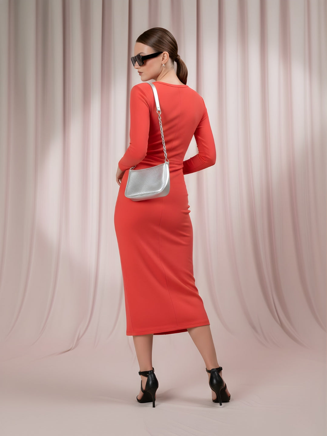 Solid Front Cut Full Sleeve Midi Dress