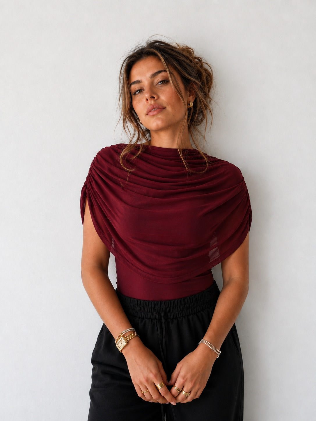 Clobug Women Cape Sleeve Boat Neck Top