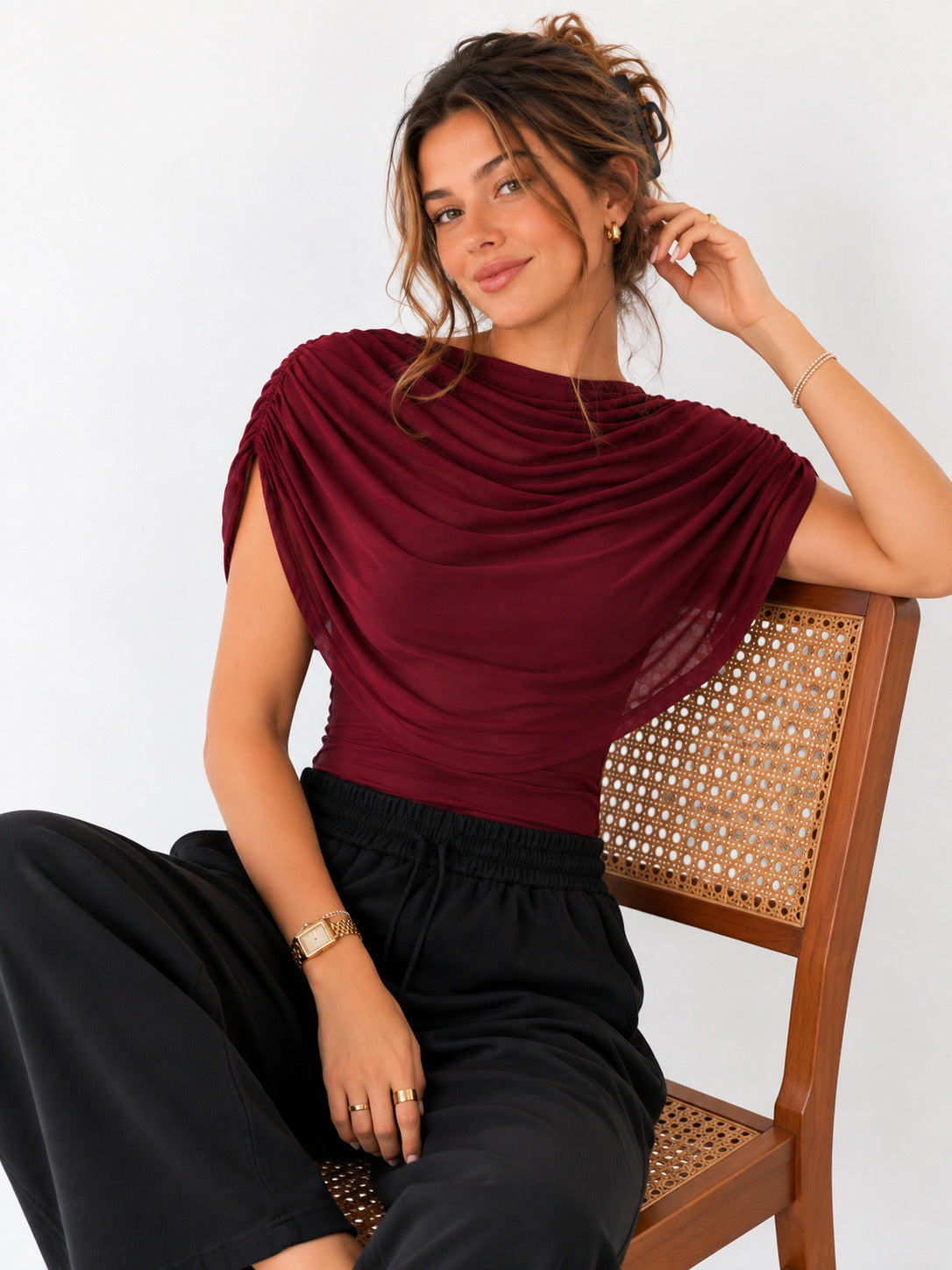 Clobug Women Cape Sleeve Boat Neck Top