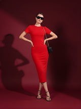 Solid  Casual Round Neck & Half Sleeve  Midi Dress