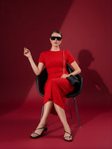 Solid  Casual Round Neck & Half Sleeve  Midi Dress