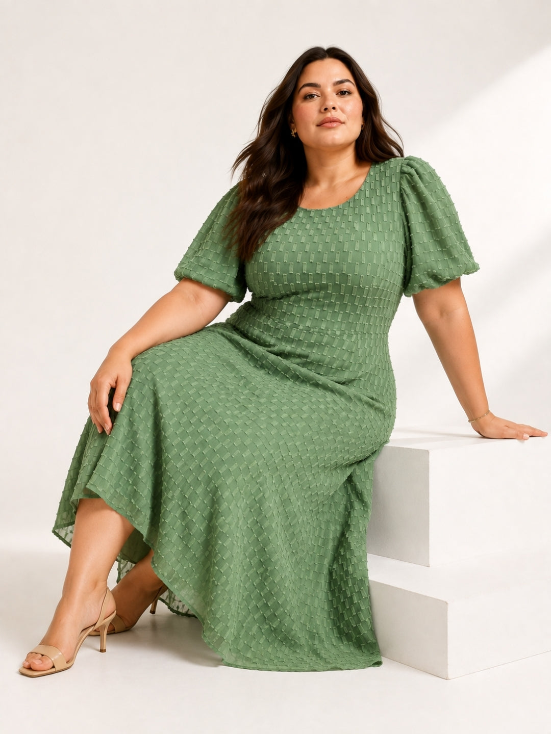 Women’s Polyester Plus Size Green Back Tie-up Dress
