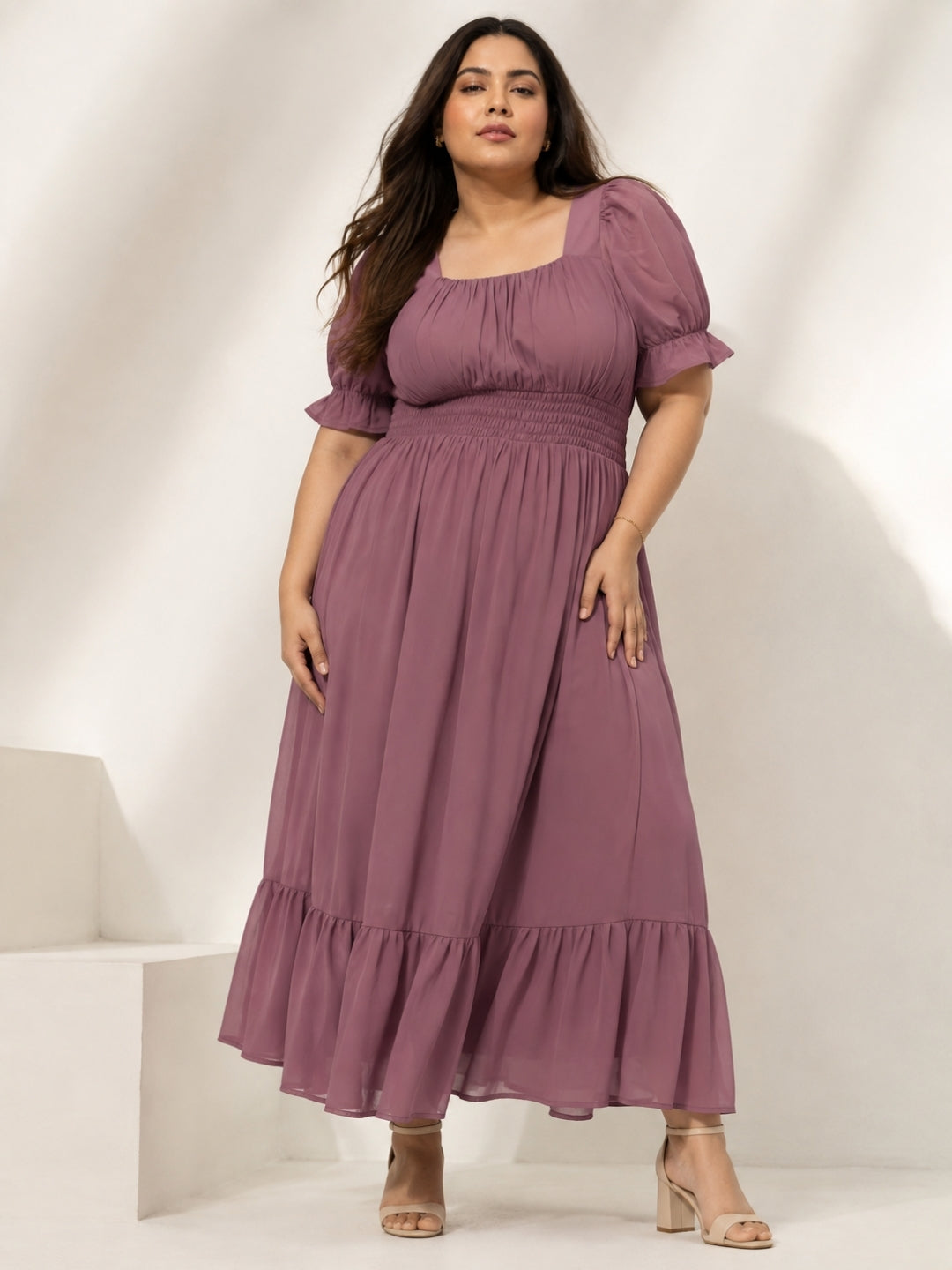 Women’s Polyester Plus Size Pink Flare Maxi Dress