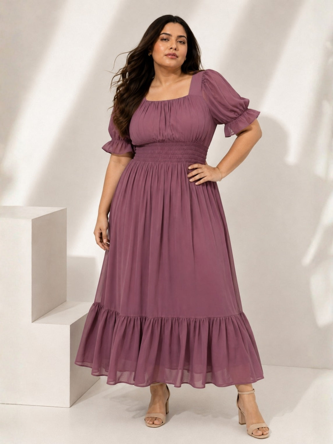 Women’s Polyester Plus Size Pink Flare Maxi Dress