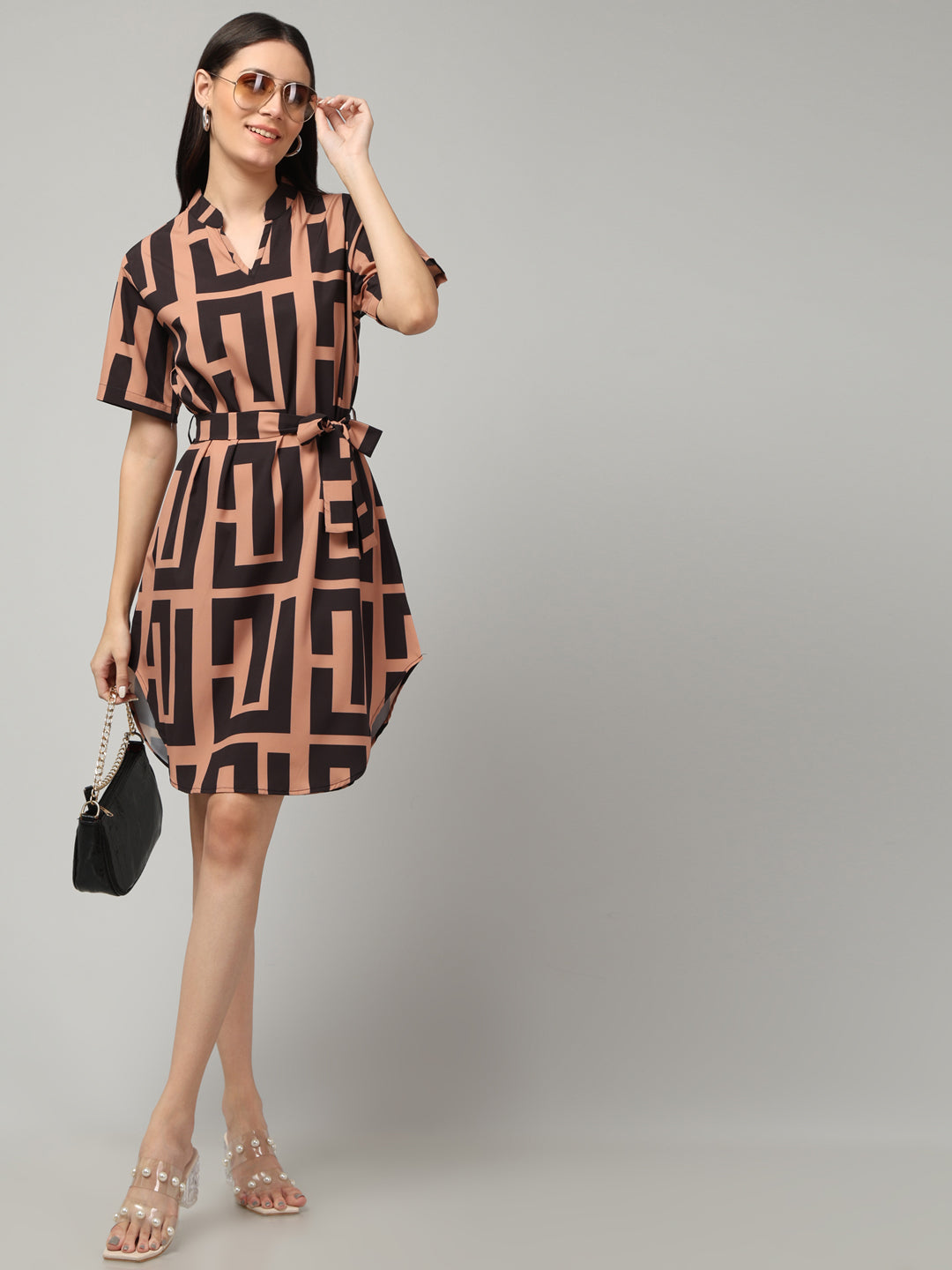 Clobug Women's Geometric Print Tie-Waist Dress