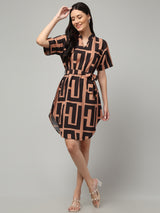 Clobug Women's Geometric Print Tie-Waist Dress