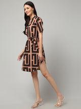 Clobug Women's Geometric Print Tie-Waist Dress