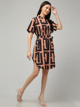 Clobug Women's Geometric Print Tie-Waist Dress