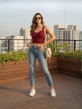 Clobug Women Solid Sweetheart Neck Lycra blend Sleeveless Crop Top