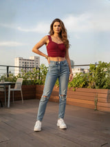 Clobug Women Solid Sweetheart Neck Lycra blend Sleeveless Crop Top