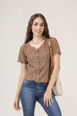 Clobug Women Floral Print Round Neck Short Sleeve Regular Top