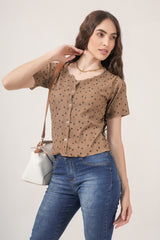 Clobug Women Floral Print Round Neck Short Sleeve Regular Top