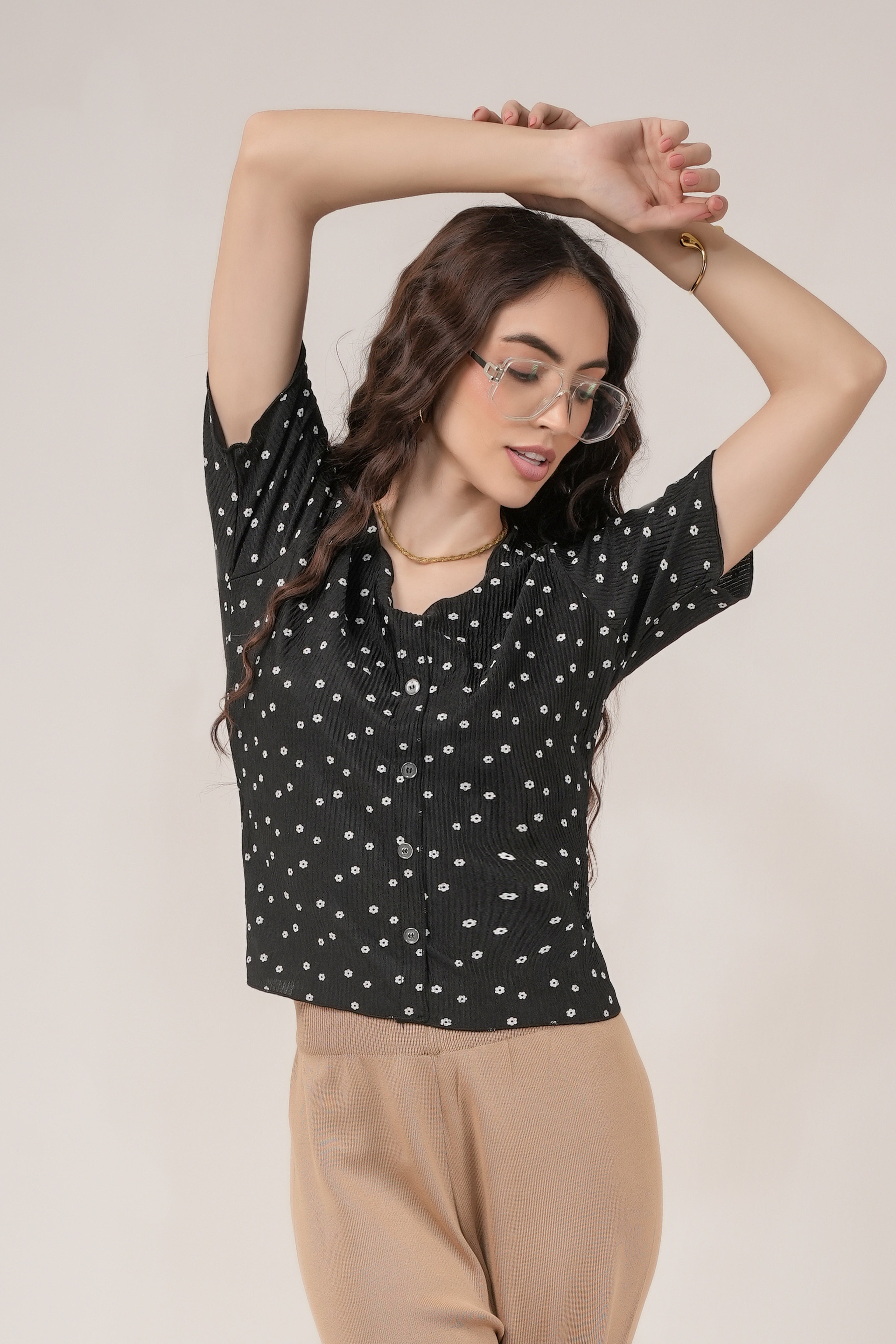 Clobug Women Floral Print Round Neck Short Sleeve Regular Top