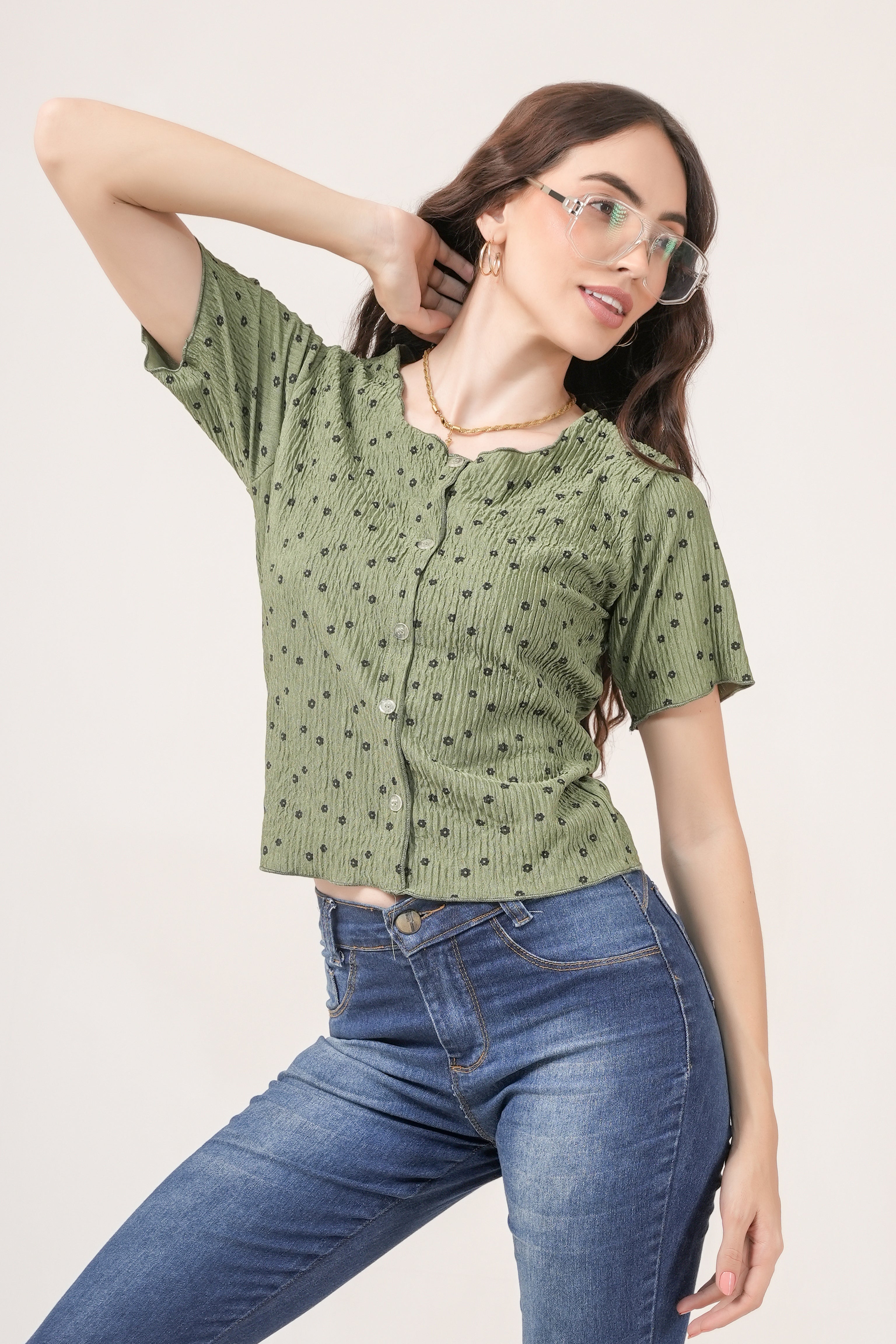 Clobug Women Floral Print Round Neck Short Sleeve Regular Top
