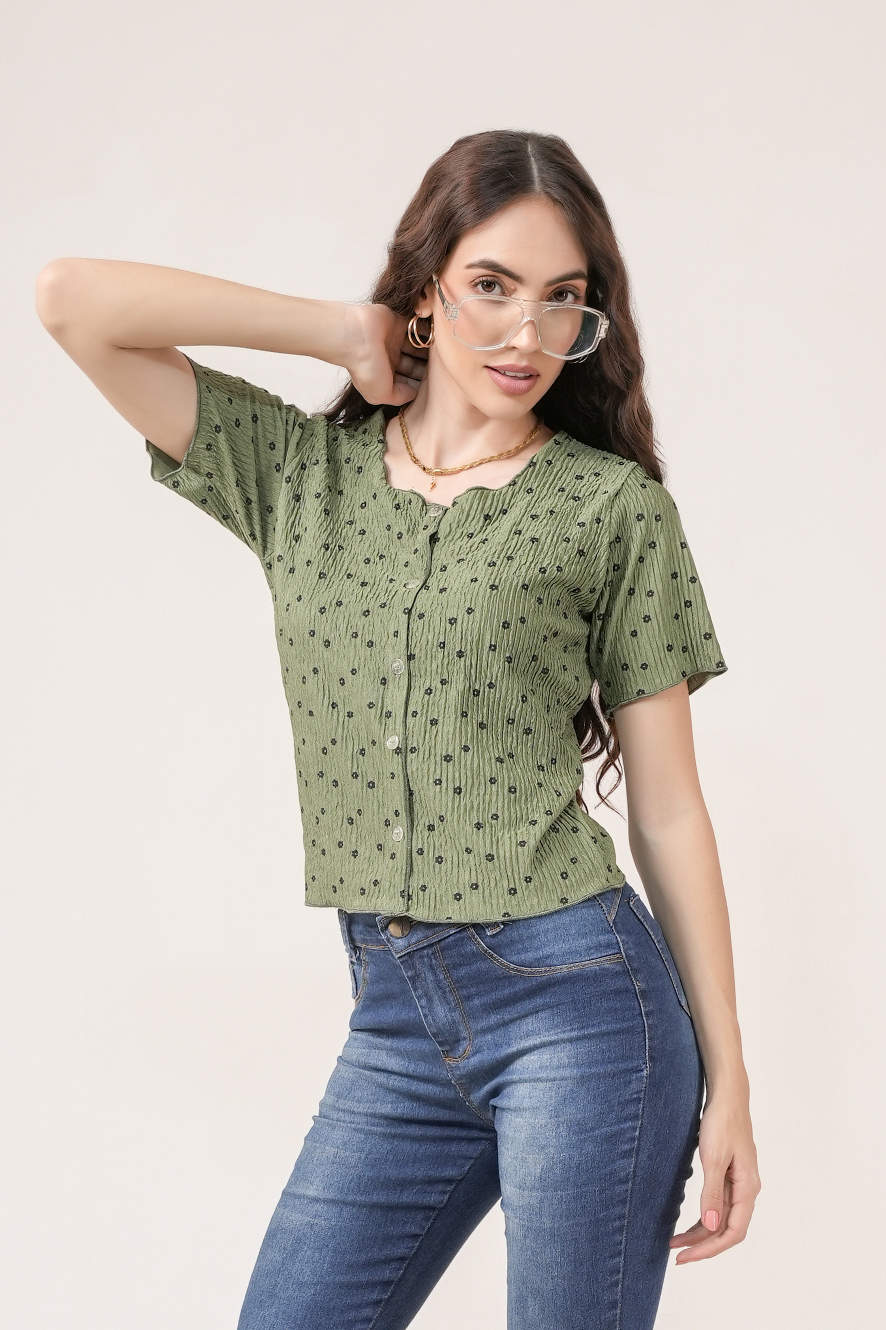 Clobug Women Floral Print Round Neck Short Sleeve Regular Top