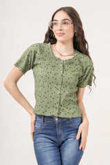 Clobug Women Floral Print Round Neck Short Sleeve Regular Top