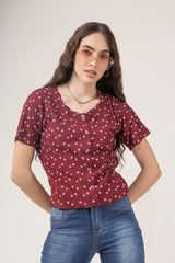 Clobug Women Floral Print Round Neck Short Sleeve Regular Top