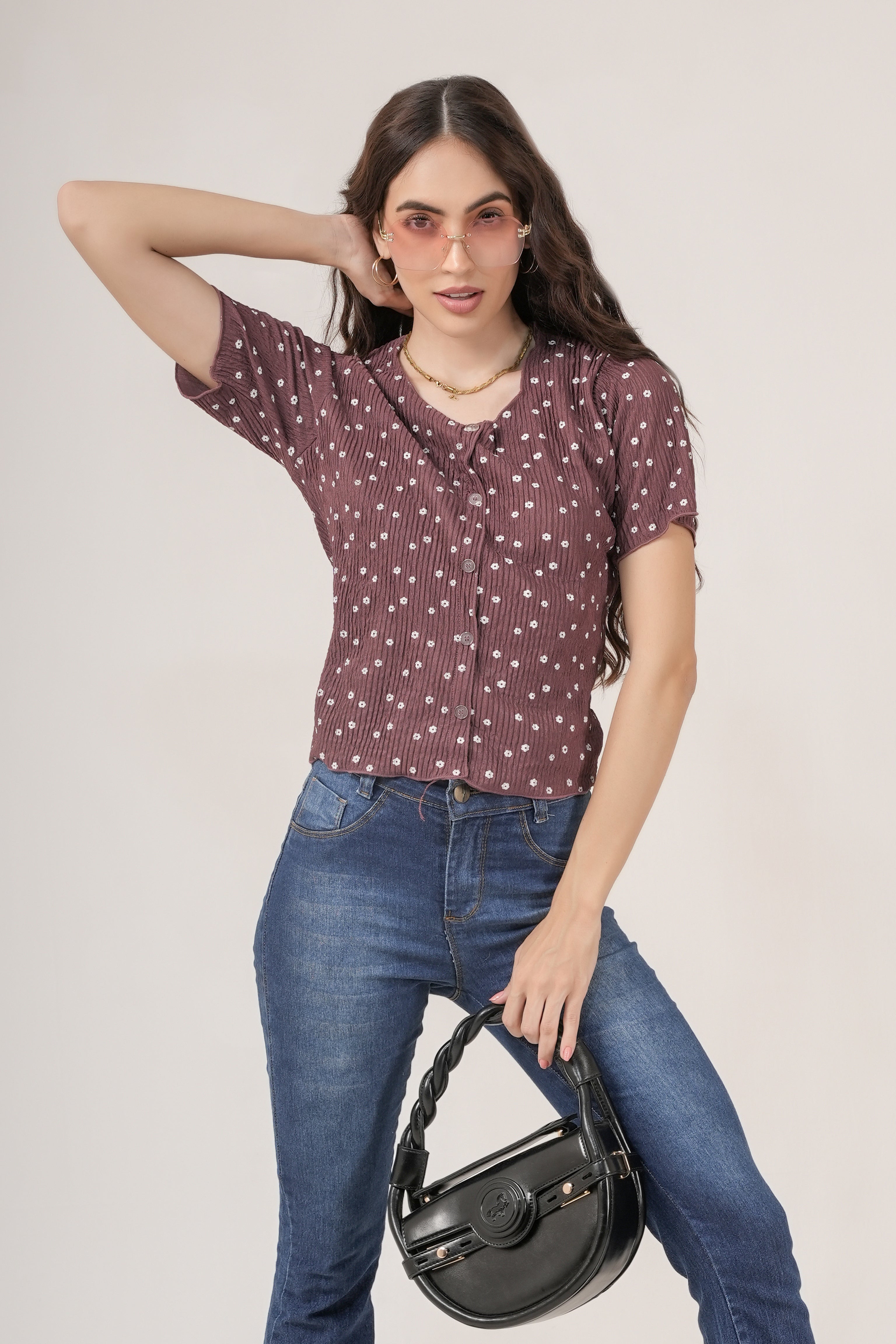 Clobug Women Floral Print Round Neck Short Sleeve Regular Top