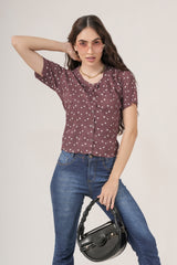 Clobug Women Floral Print Round Neck Short Sleeve Regular Top