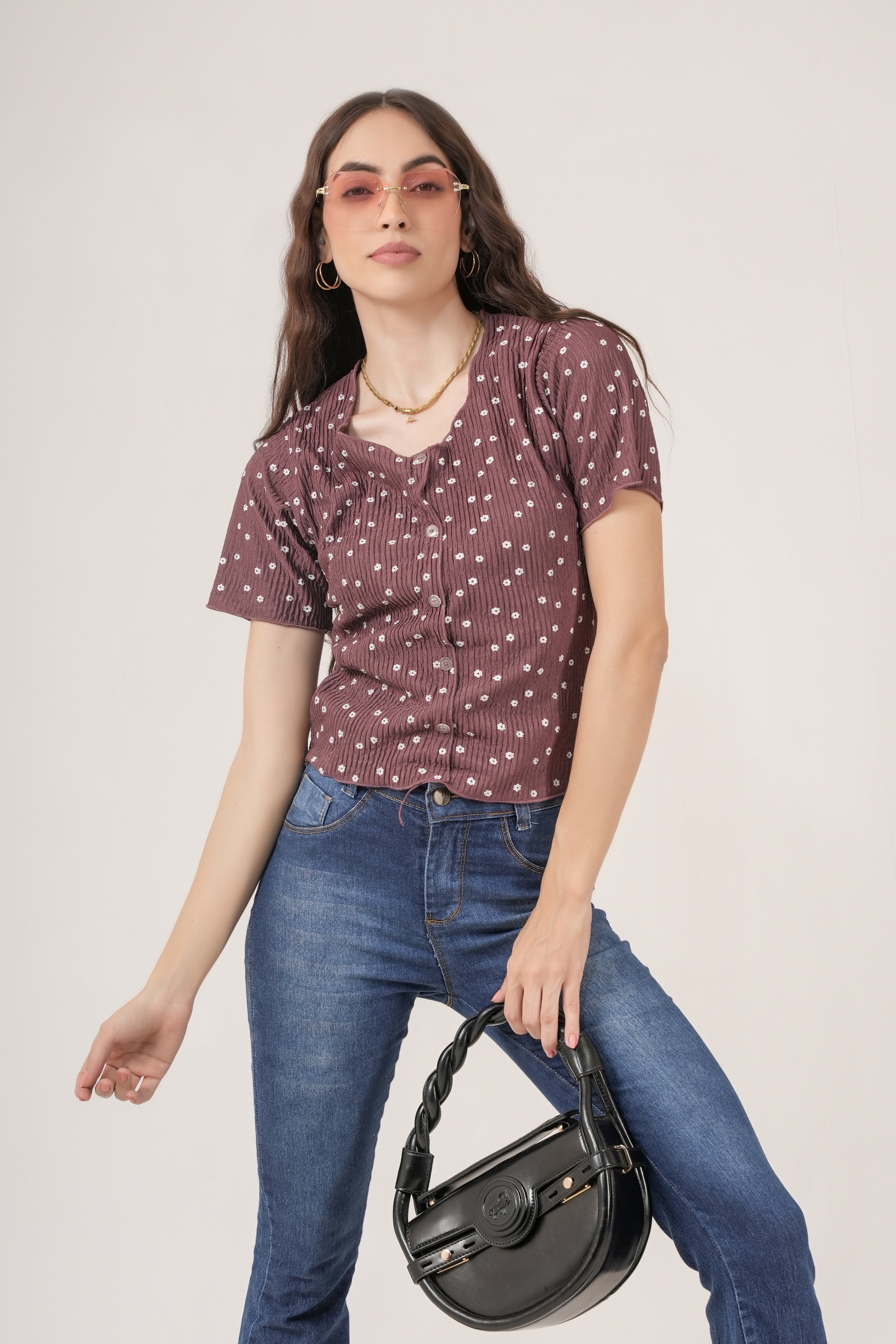 Clobug Women Floral Print Round Neck Short Sleeve Regular Top