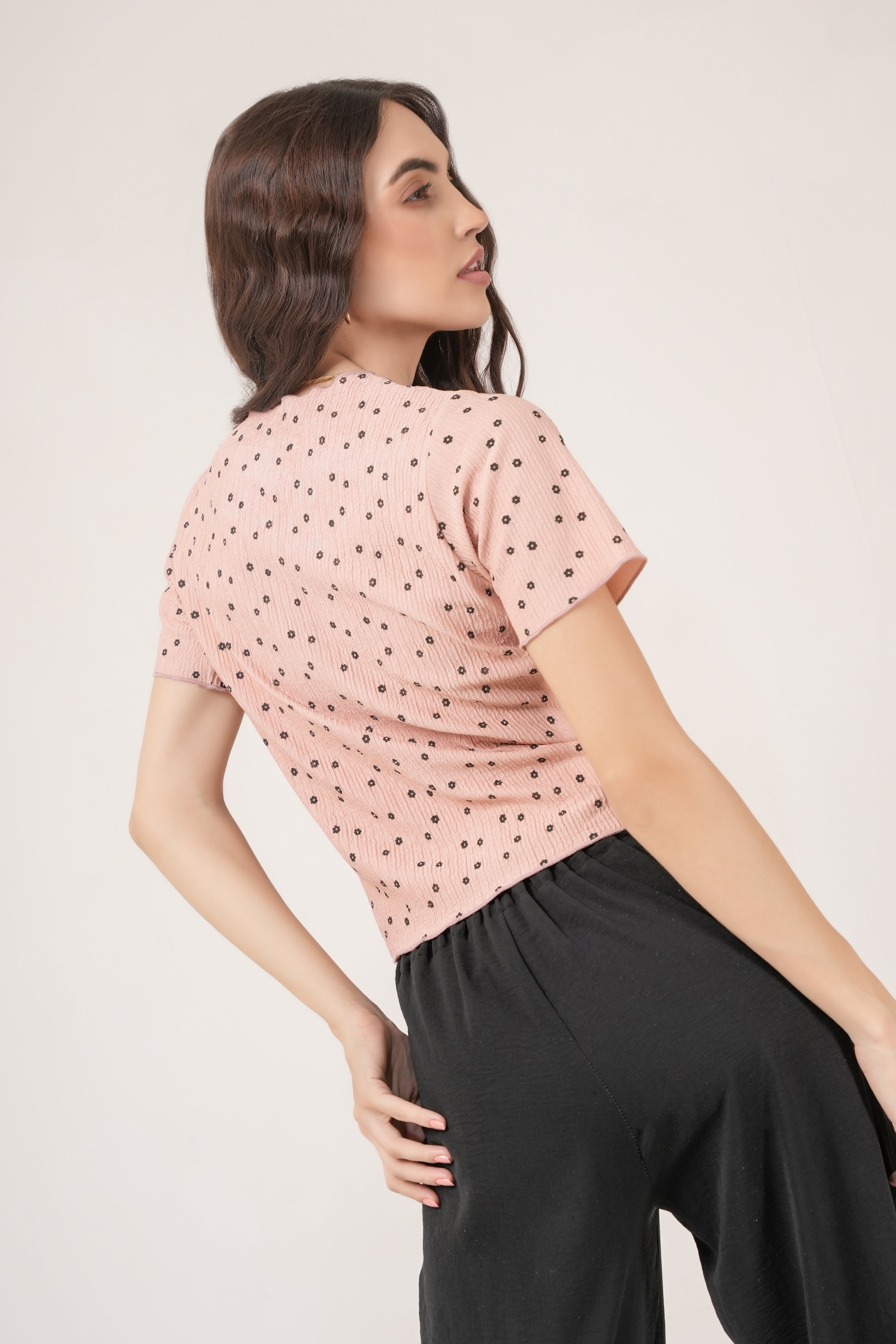 Clobug Women Floral Print Round Neck Short Sleeve Regular Top