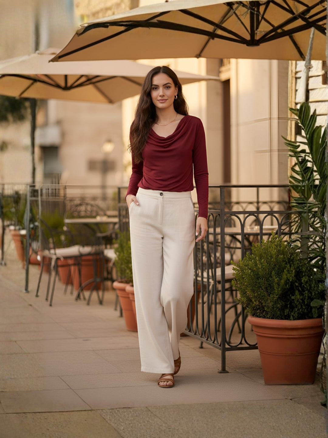 Clobug Women Solid Net Full Sleeve Cowl Neck Crop Top