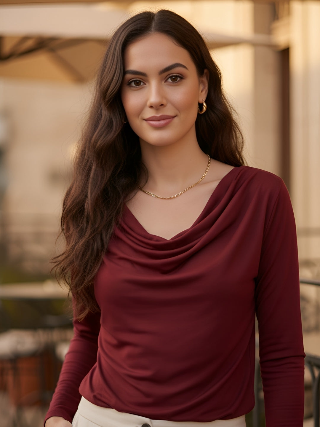 Clobug Women Solid Net Full Sleeve Cowl Neck Crop Top