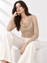 Clobug Women Solid Net Full Sleeve Cowl Neck Crop Top