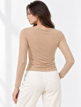 Clobug Women Solid Net Full Sleeve Cowl Neck Crop Top