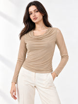 Clobug Women Solid Net Full Sleeve Cowl Neck Crop Top