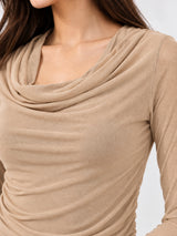 Clobug Women Solid Net Full Sleeve Cowl Neck Crop Top