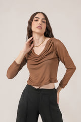 Clobug Women Solid Net Full Sleeve Cowl Neck Crop Top
