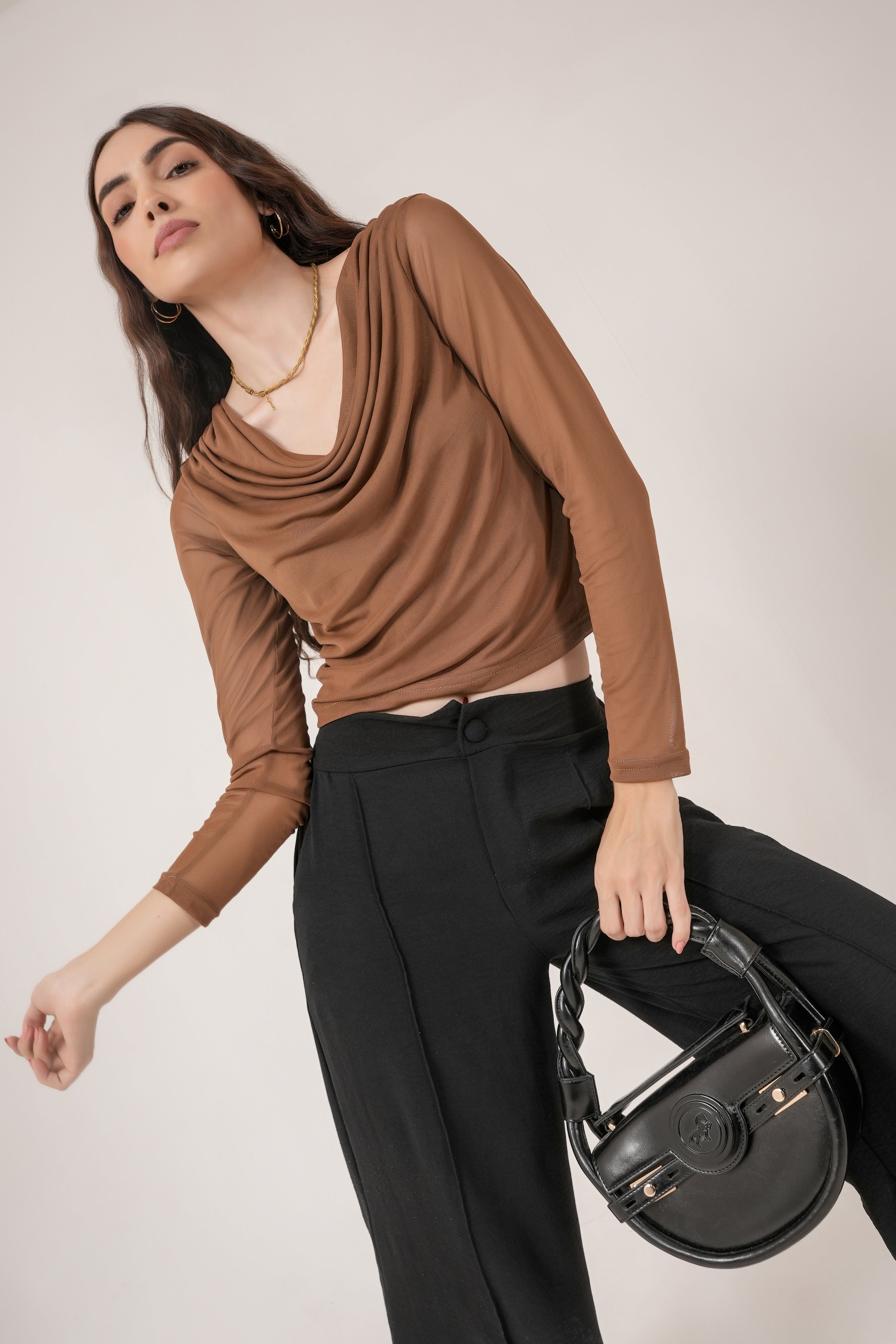 Clobug Women Solid Net Full Sleeve Cowl Neck Crop Top