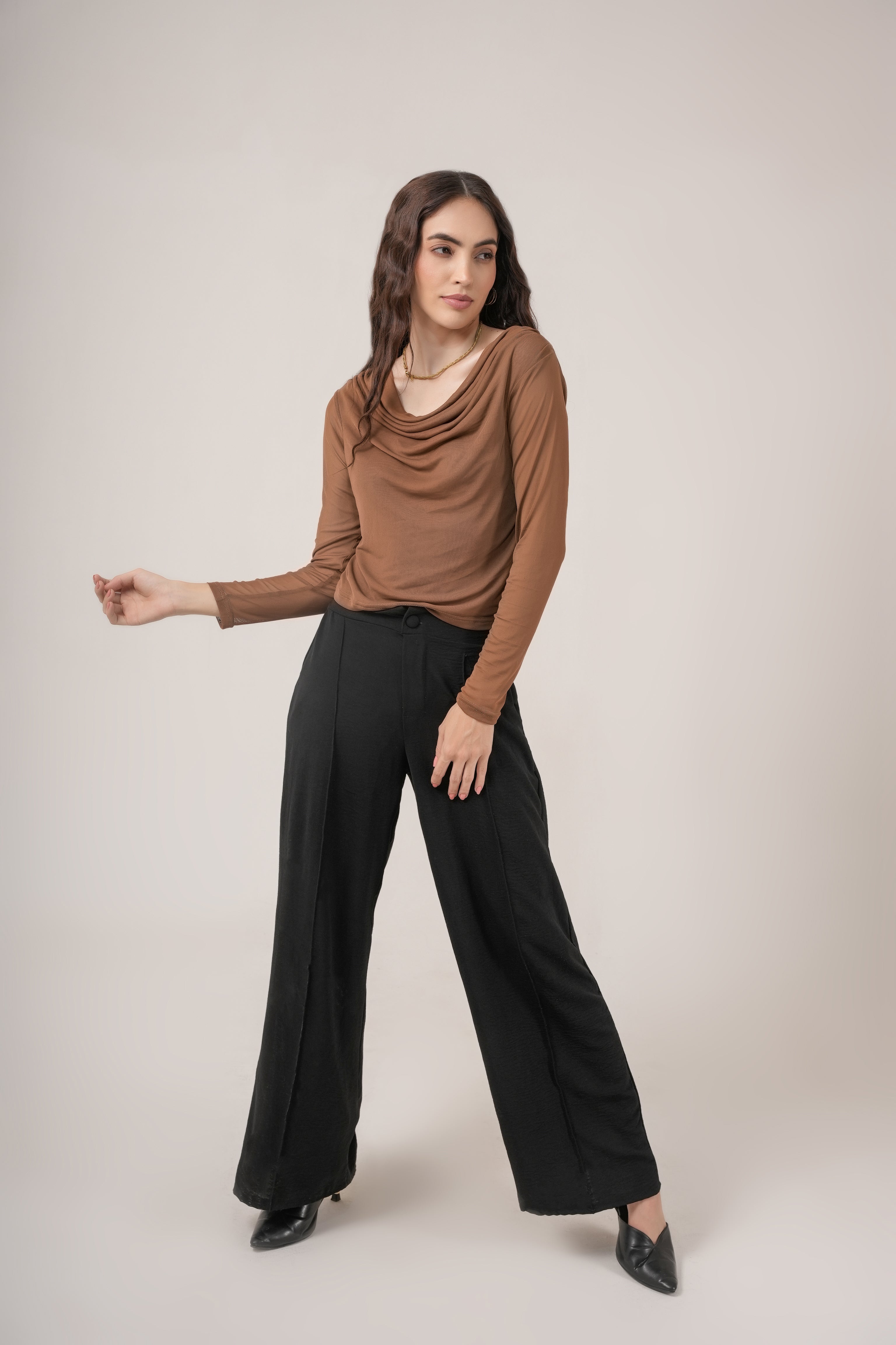 Clobug Women Solid Net Full Sleeve Cowl Neck Crop Top