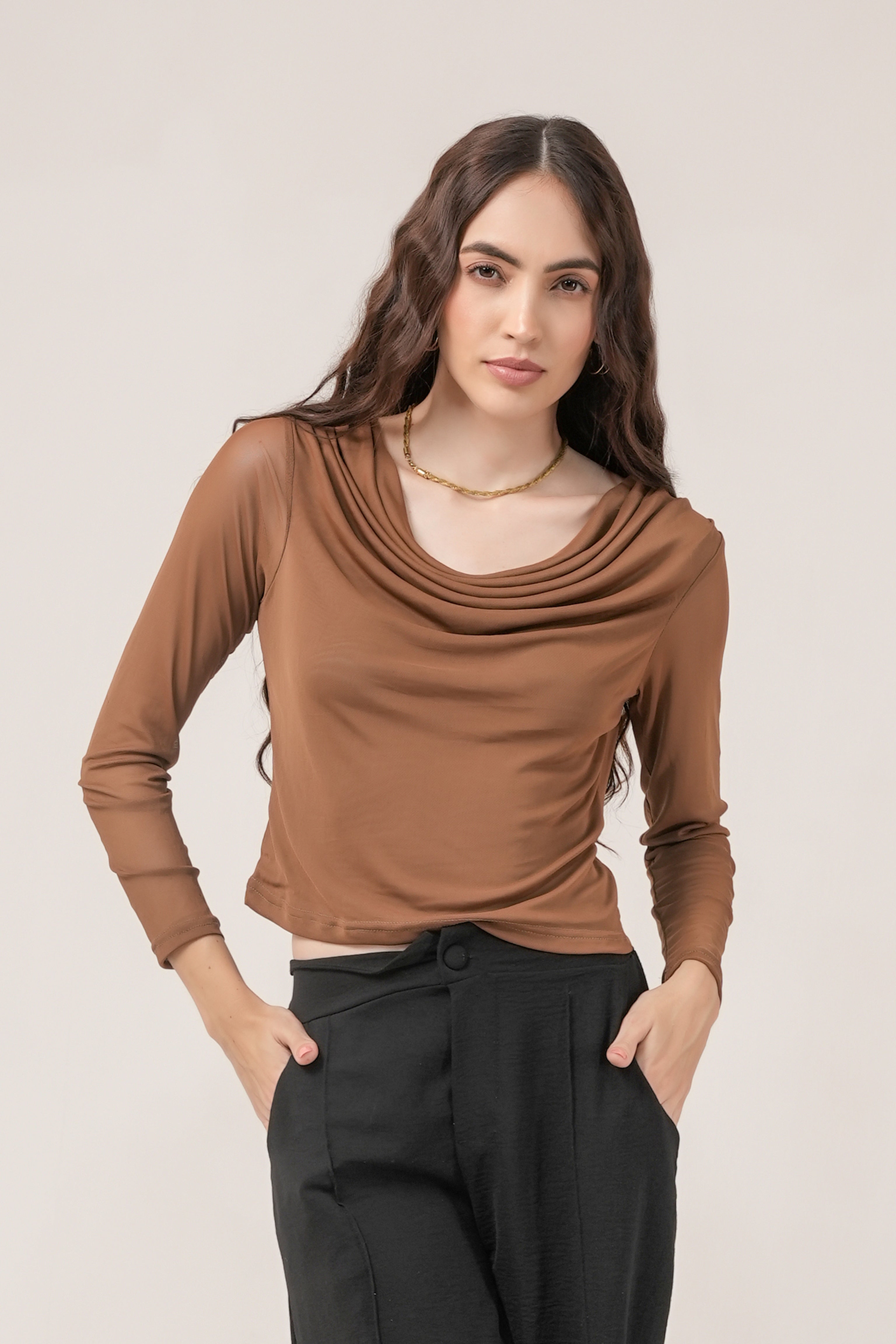 Clobug Women Solid Net Full Sleeve Cowl Neck Crop Top