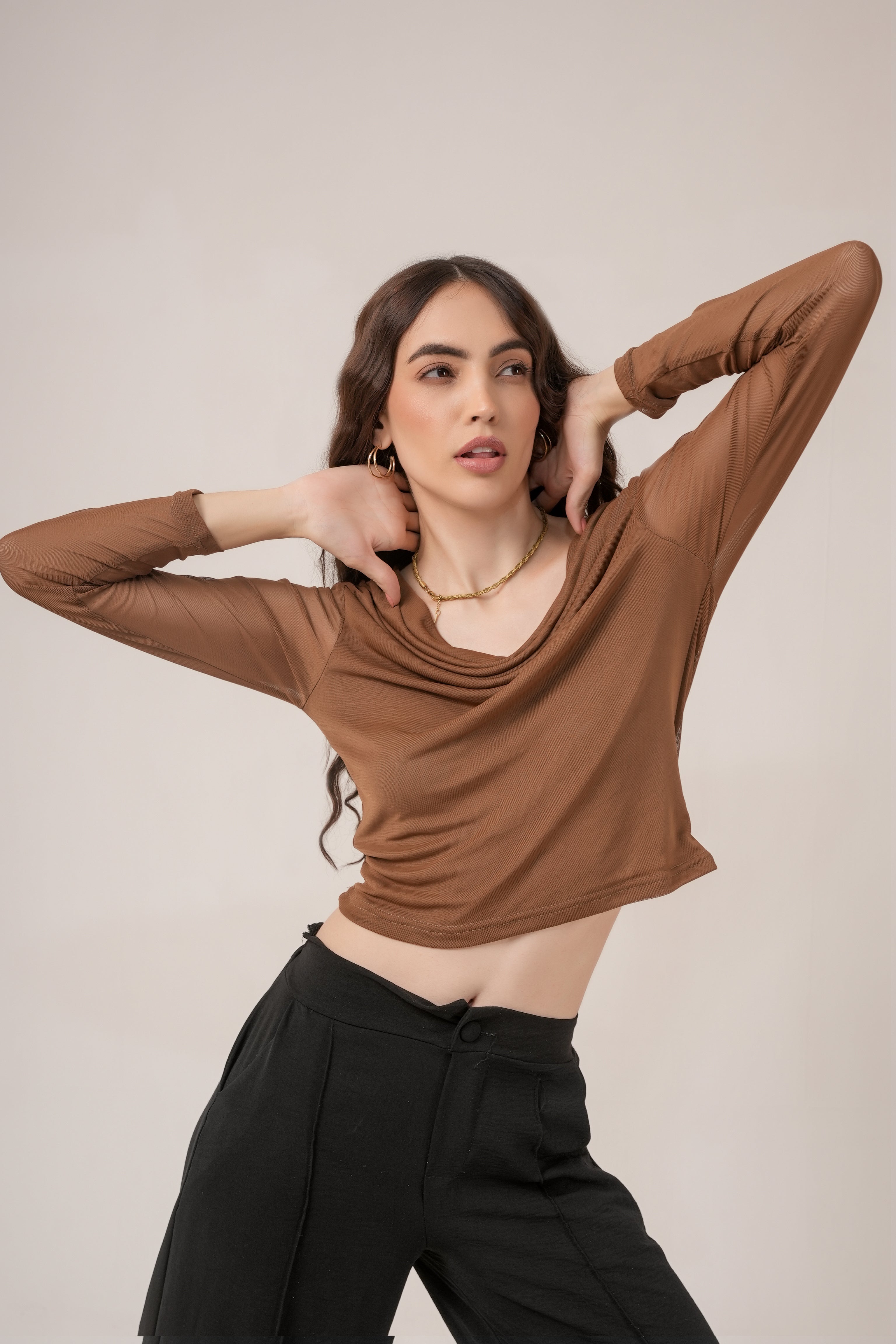 Clobug Women Solid Net Full Sleeve Cowl Neck Crop Top